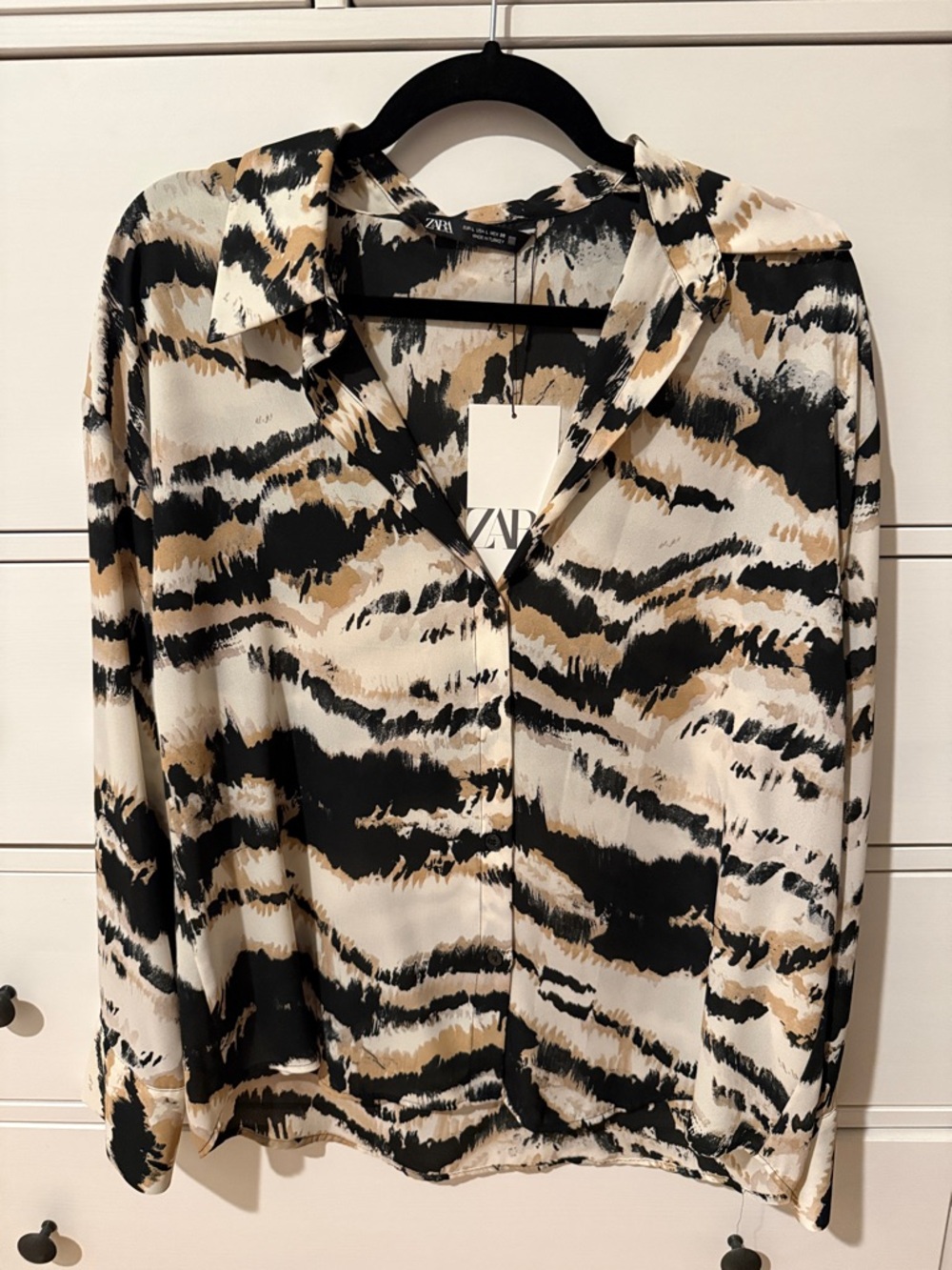 Zara Black, Tan & White Abstract Animal-Print Button Down Shirt